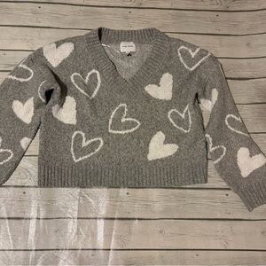 Pink Rose V-Neck Sweater with White Heart Pattern